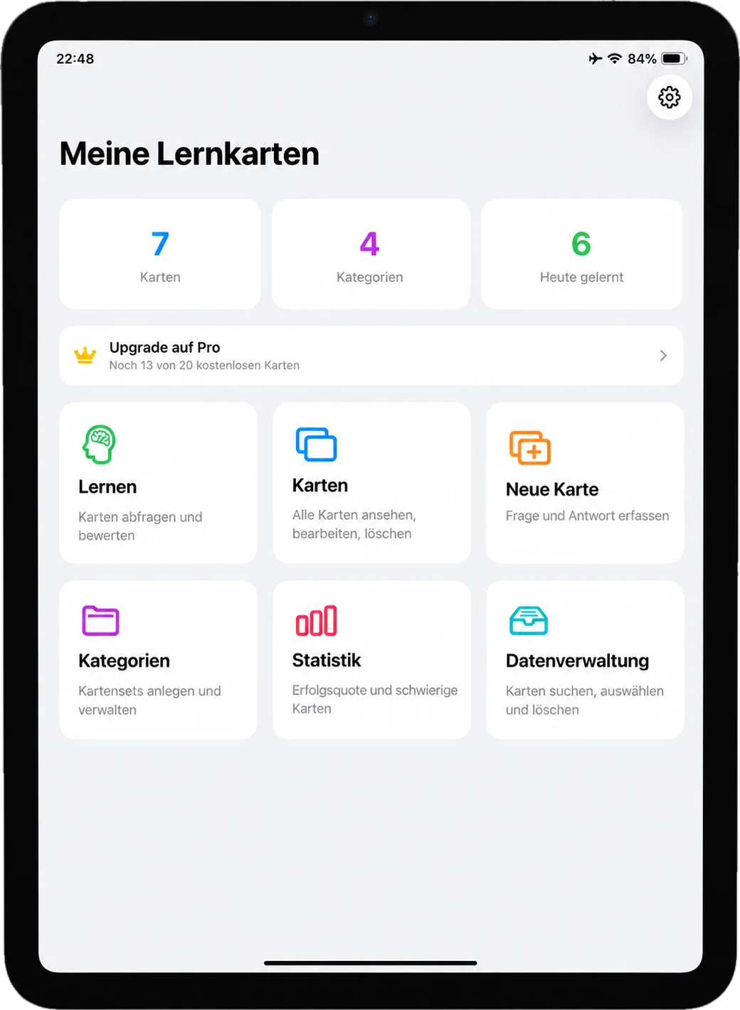 LearnFlip auf dem iPad: Übersicht mit allen Bereichen im Raster