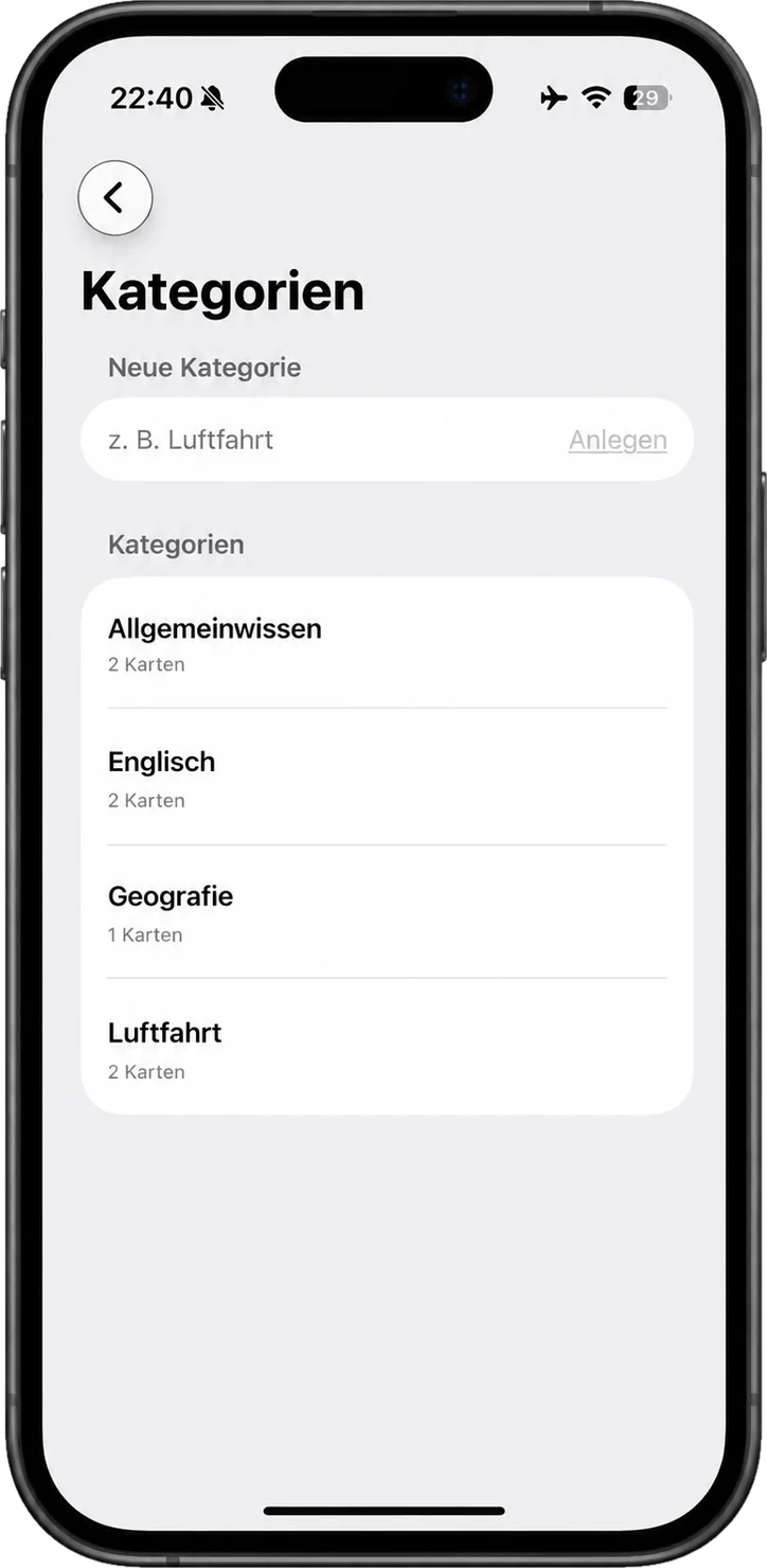 LearnFlip auf dem iPhone: Kategorienliste mit Anzahl Karten je Kategorie