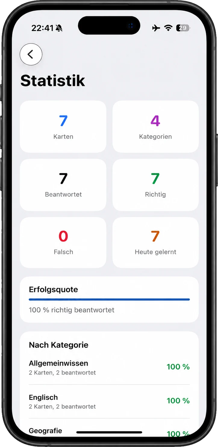 LearnFlip auf dem iPhone: Statistik mit Erfolgsquote und Auswertung nach Kategorie