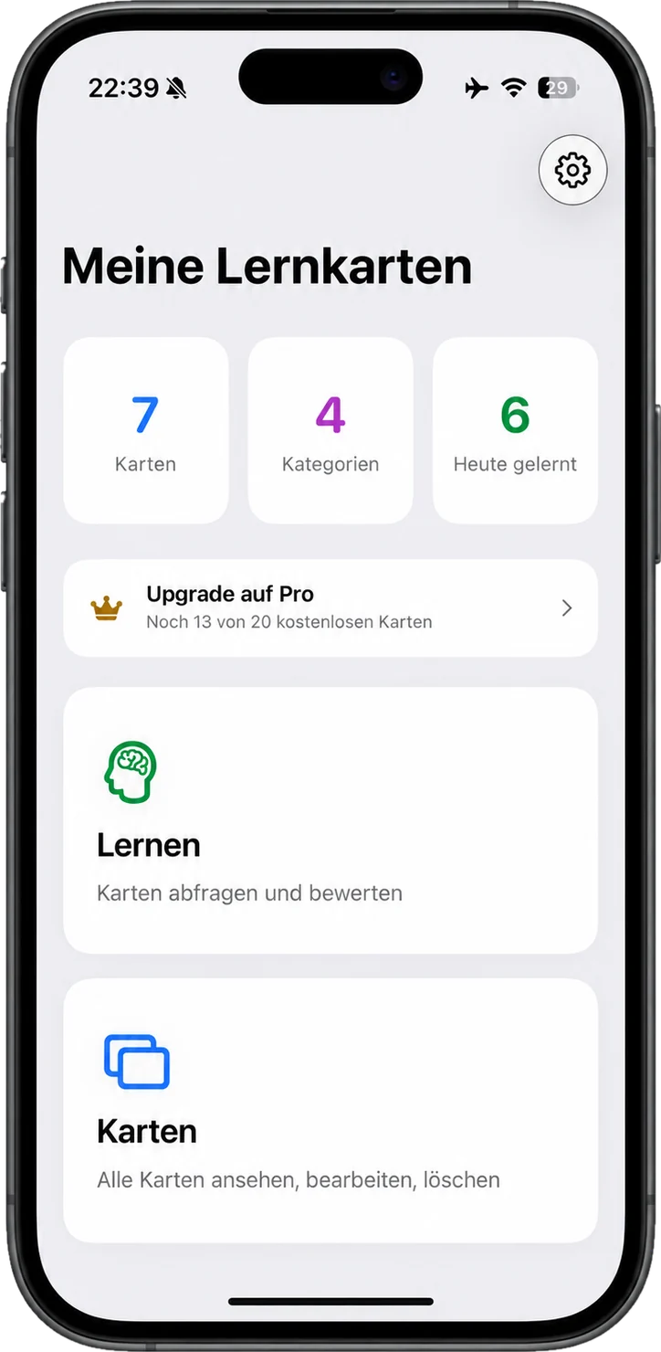 LearnFlip auf dem iPhone: Übersicht mit Kartenanzahl, Kategorien und heute gelernten Karten